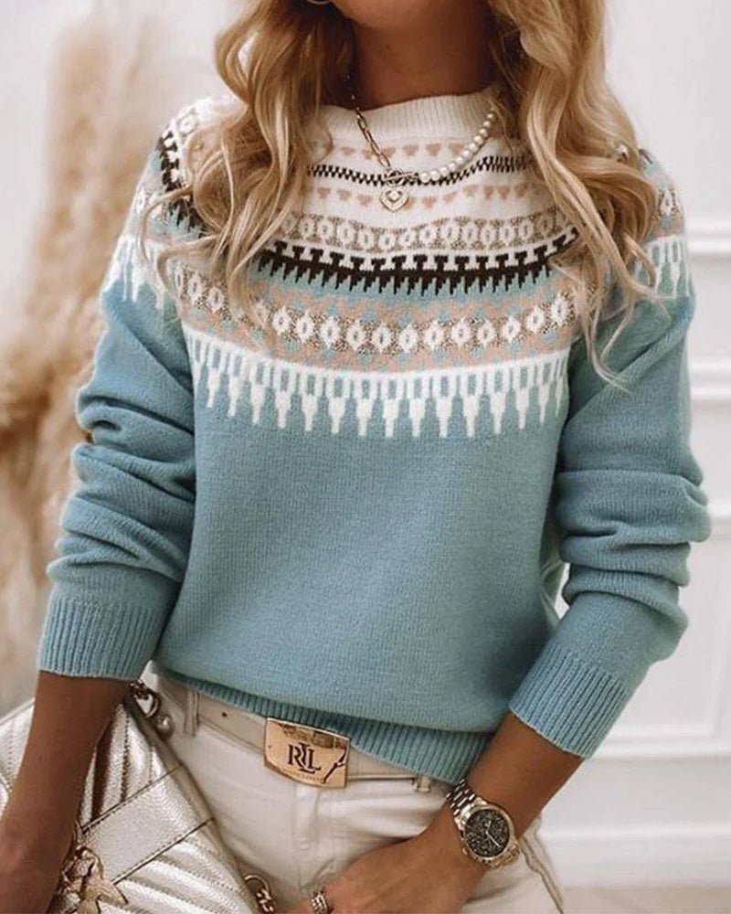 Knit Sweater Fair Isle Pattern Crew Neck Long Sleeve - Blue