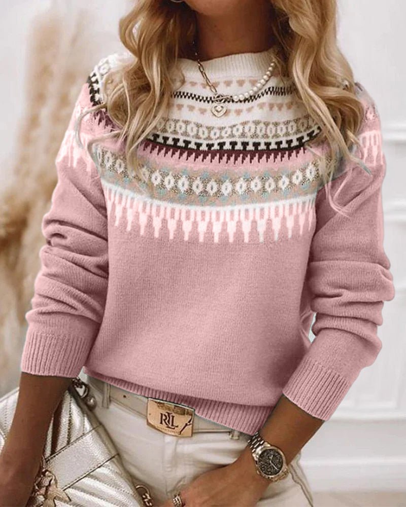 Knit Sweater Fair Isle Pattern Crew Neck Long Sleeve - Pink
