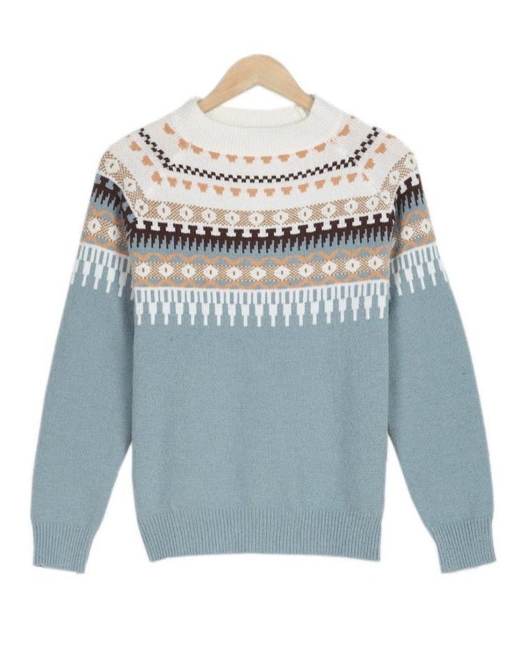 Knit Sweater Fair Isle Pattern Crew Neck Long Sleeve