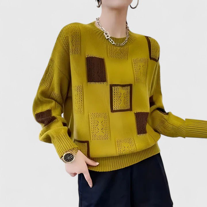 Knit Sweater Geometric Pattern Round Neck Long Sleeve - Yellow