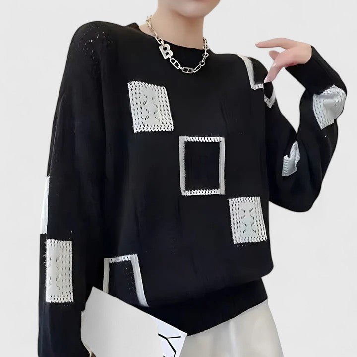 Knit Sweater Geometric Pattern Round Neck Long Sleeve - Black