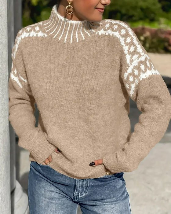 Knit Sweater Turtleneck Chunky Cable Waffle Texture - Khaki