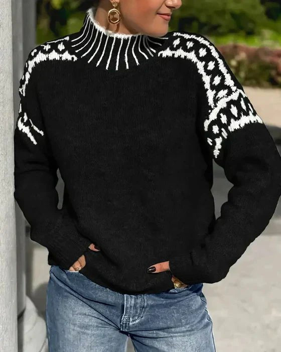 Knit Sweater Turtleneck Chunky Cable Waffle Texture - Black