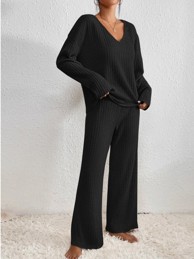 Knit Two-Piece Set V-Neck Ribbed Loungewear - Black