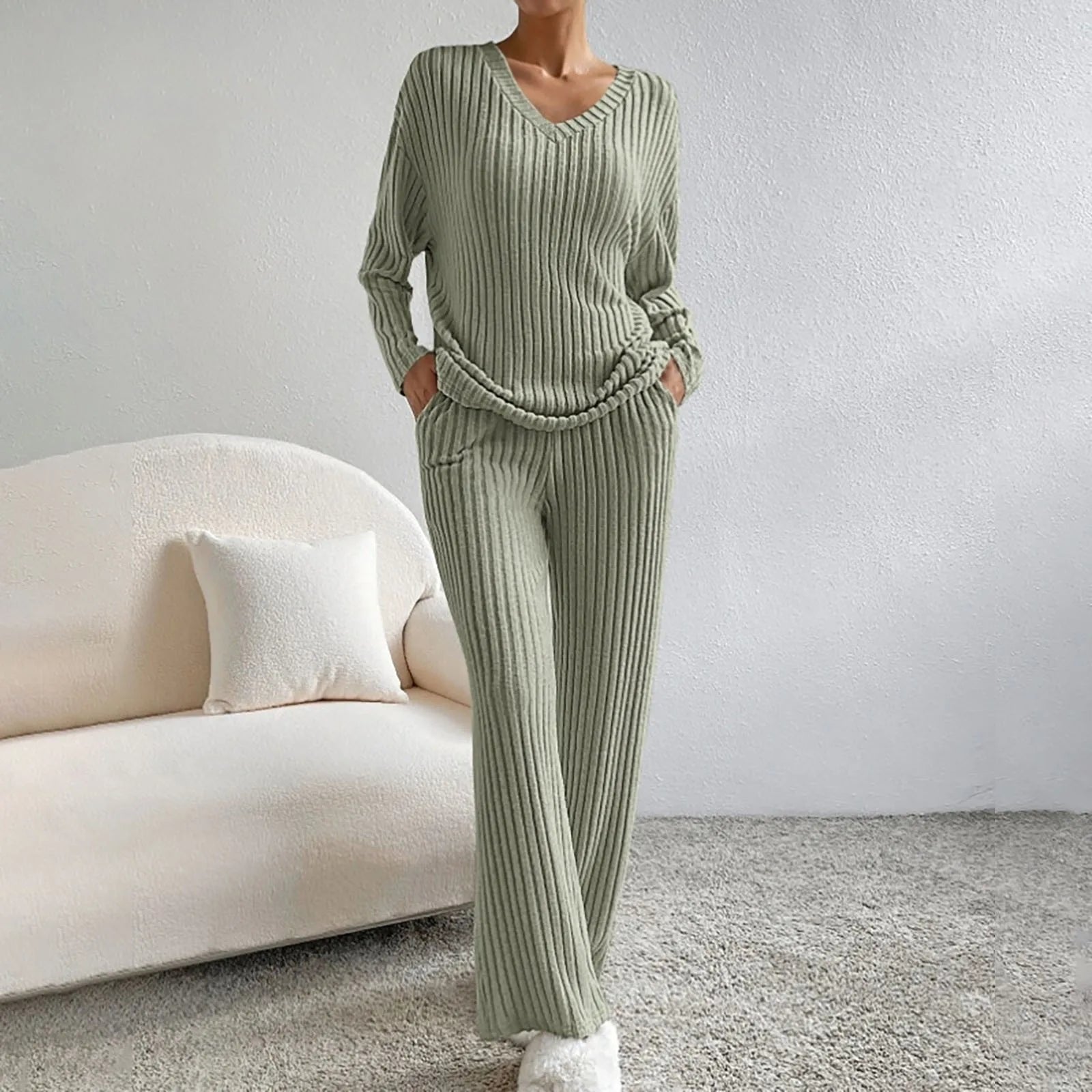 Knit Two-Piece Set V-Neck Ribbed Loungewear - Olive green