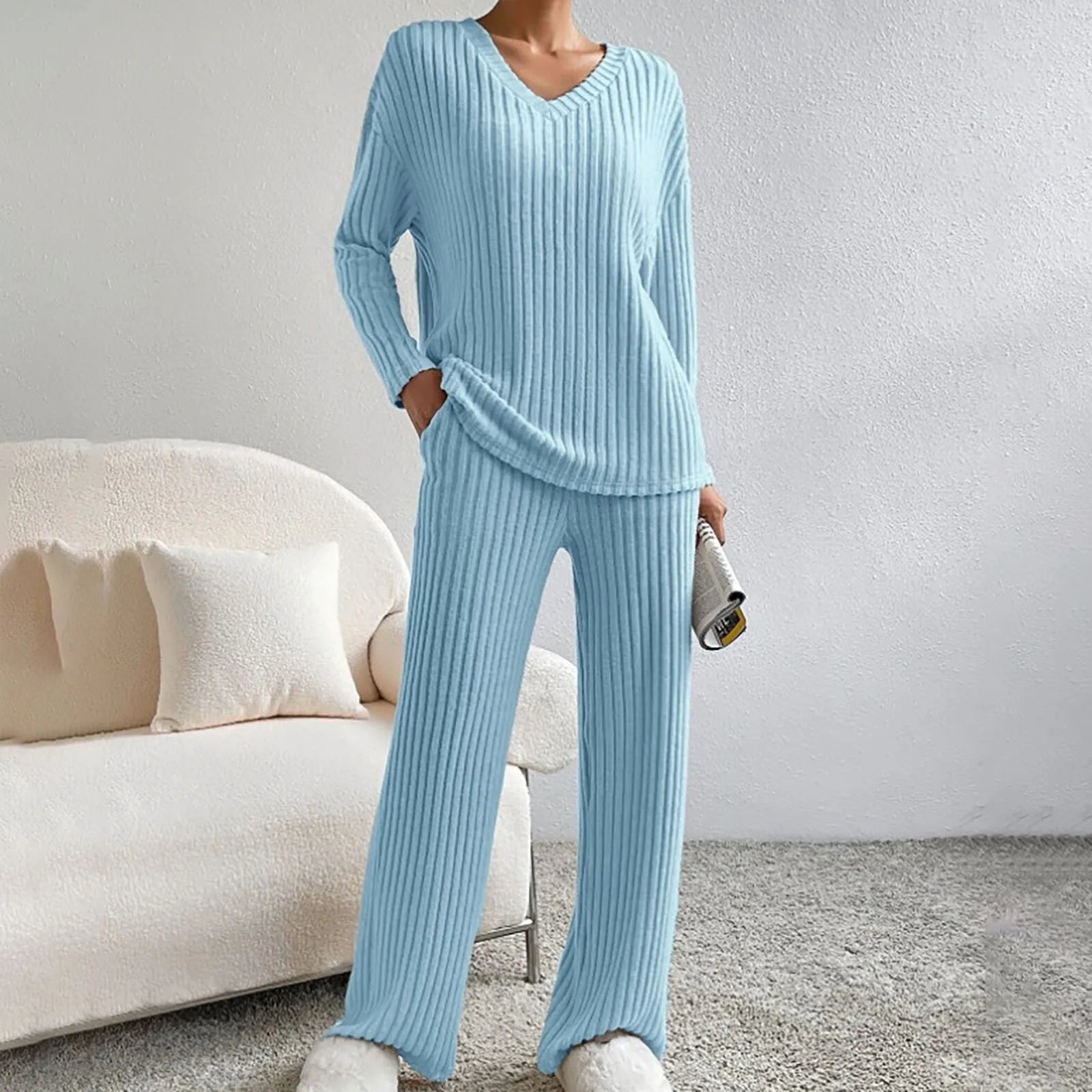 Knit Two-Piece Set V-Neck Ribbed Loungewear - Baby blue