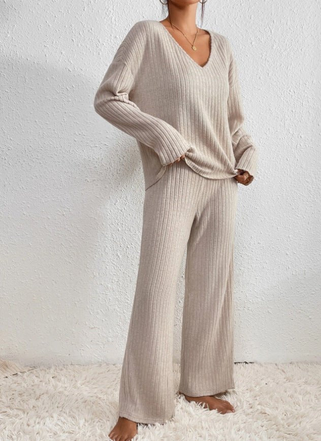 Knit Two-Piece Set V-Neck Ribbed Loungewear - Beige