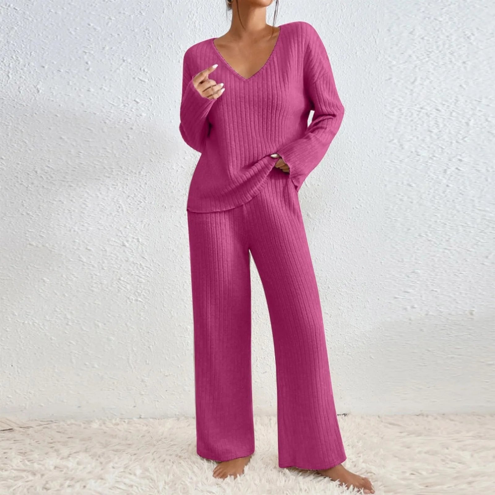 Knit Two-Piece Set V-Neck Ribbed Loungewear - Pink