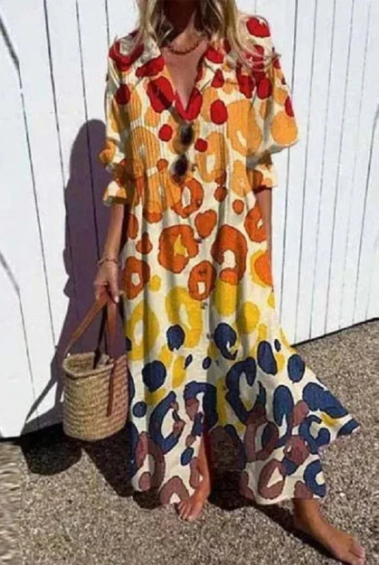 Lani - Bohemian Maxi Dress with Golden Print and High Slit