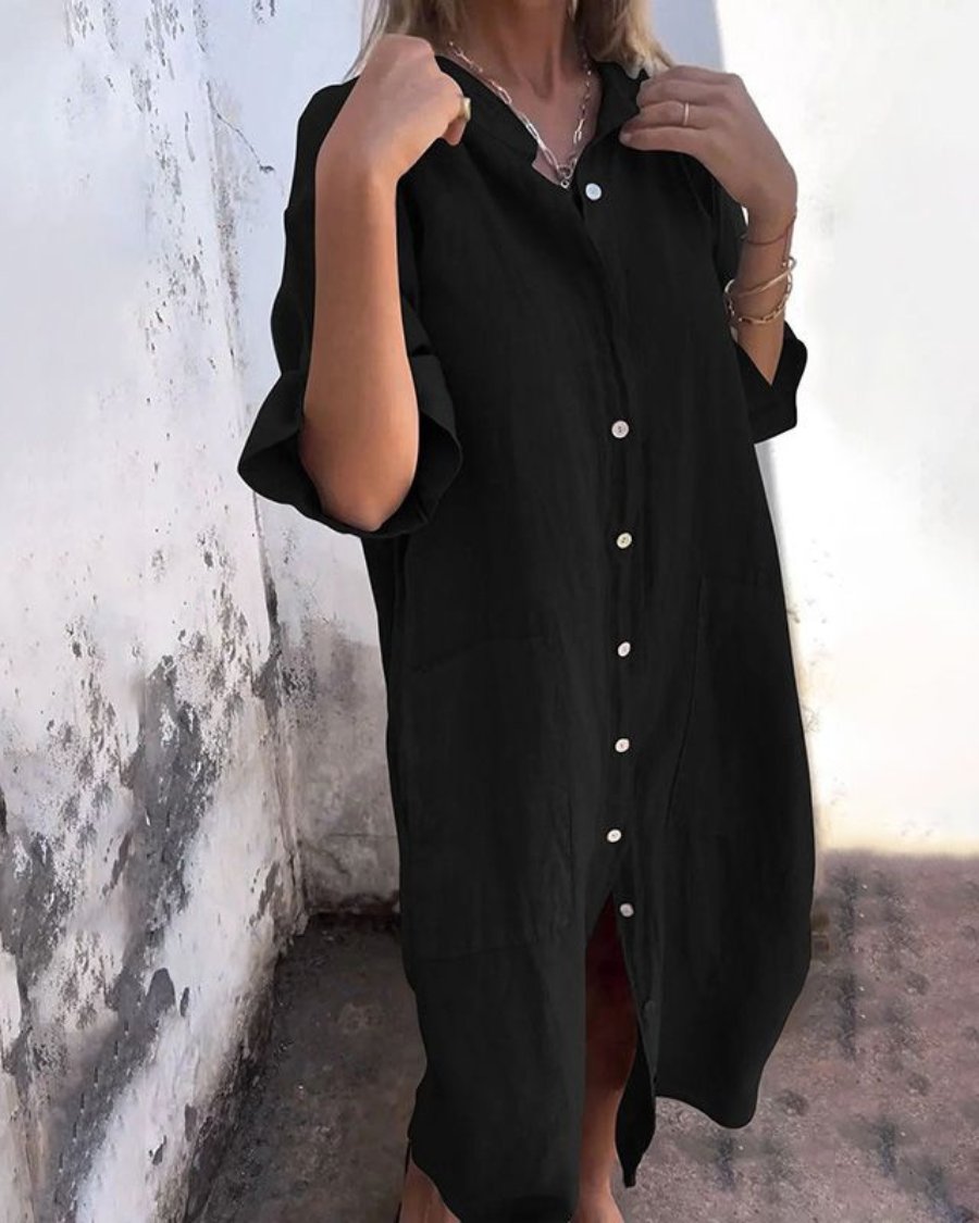 Linen Shirt Dress Button Front Relaxed Fit Bohemian - Black