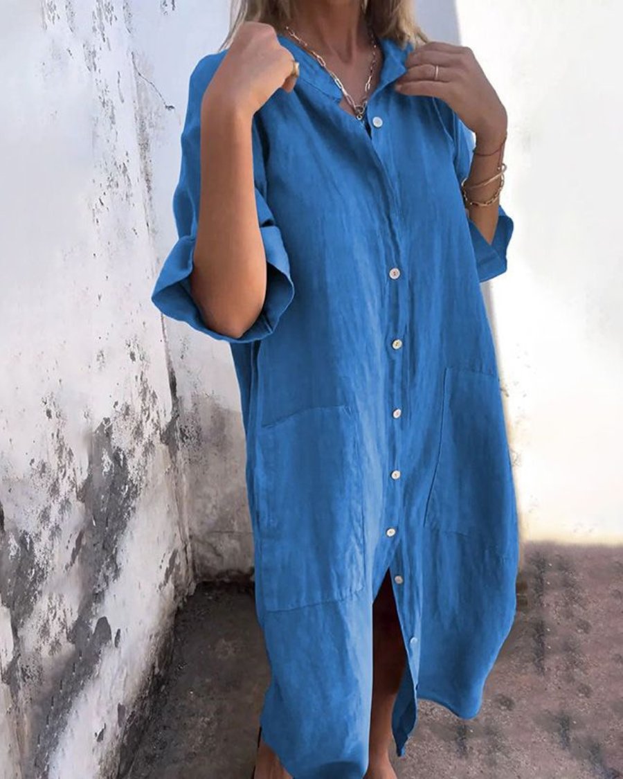 Linen Shirt Dress Button Front Relaxed Fit Bohemian - Blue