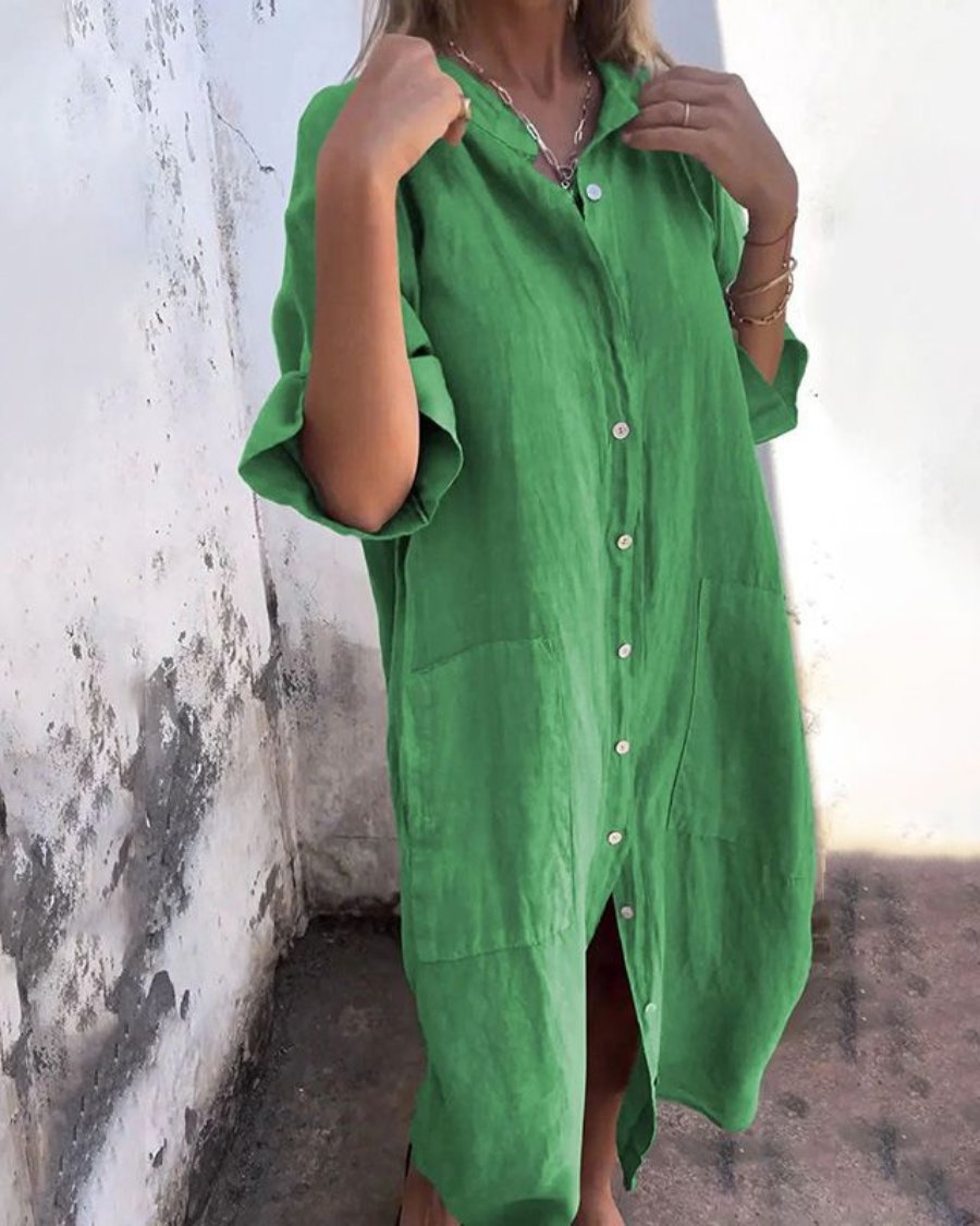 Linen Shirt Dress Button Front Relaxed Fit Bohemian - Green