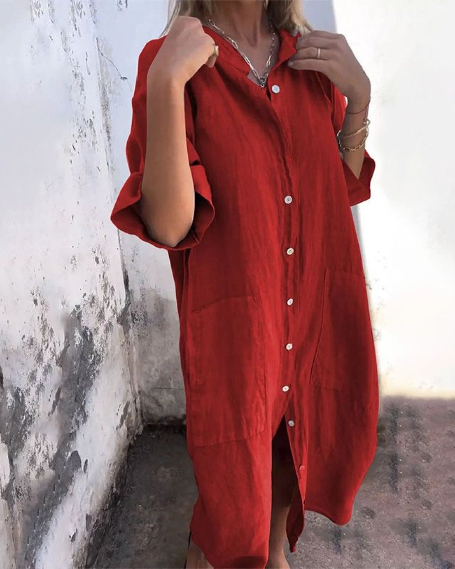 Linen Shirt Dress Button Front Relaxed Fit Bohemian - Red