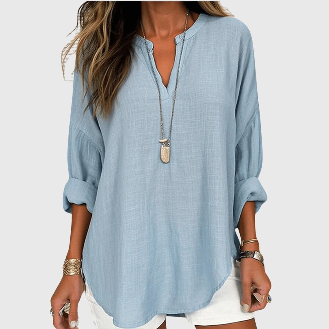Linen Tunic Shirt V-Neck Long Sleeve Relaxed Fit - Light Blue