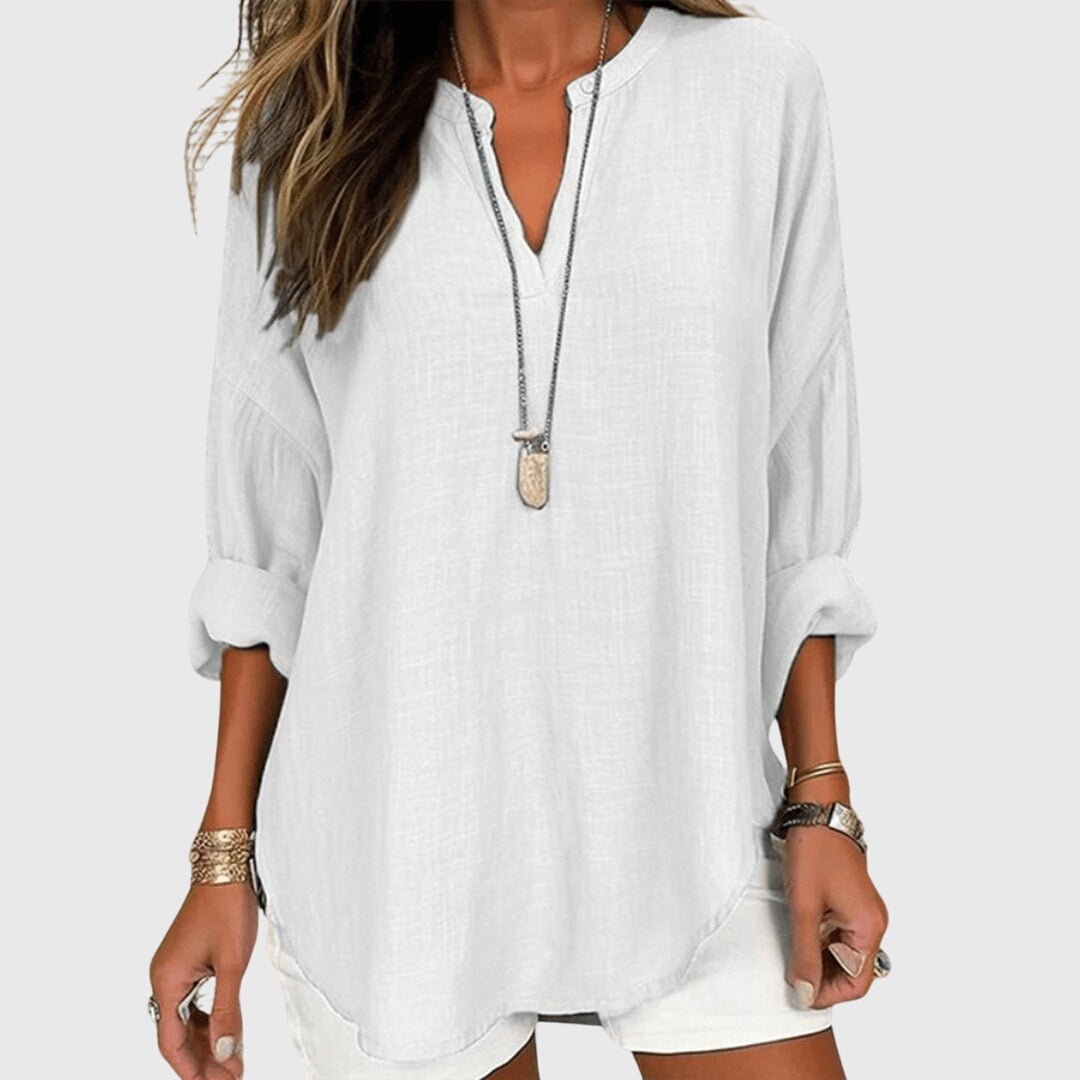 Linen Tunic Shirt V-Neck Long Sleeve Relaxed Fit - White