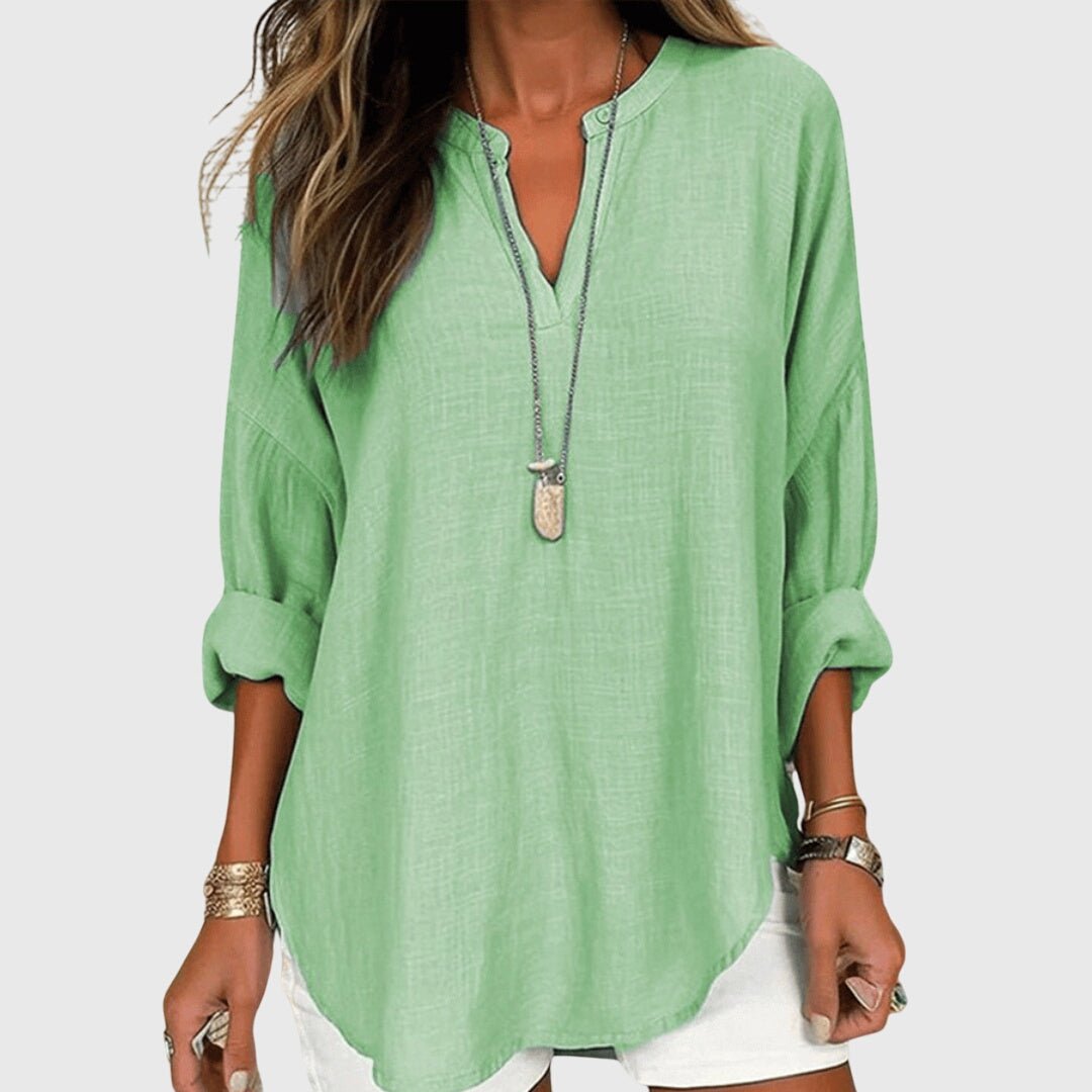 Linen Tunic Shirt V-Neck Long Sleeve Relaxed Fit - Green