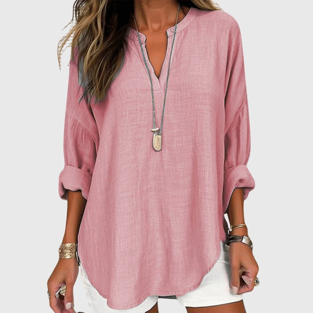Linen Tunic Shirt V-Neck Long Sleeve Relaxed Fit - Pink