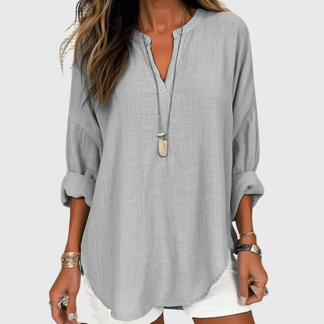 Linen Tunic Shirt V-Neck Long Sleeve Relaxed Fit - Gray