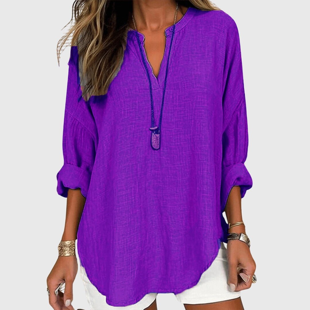 Linen Tunic Shirt V-Neck Long Sleeve Relaxed Fit - Purple