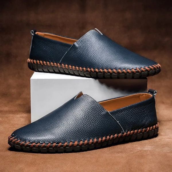 Loafers Men's Leather Slip-On Hand-Stitched Comfort - Navy