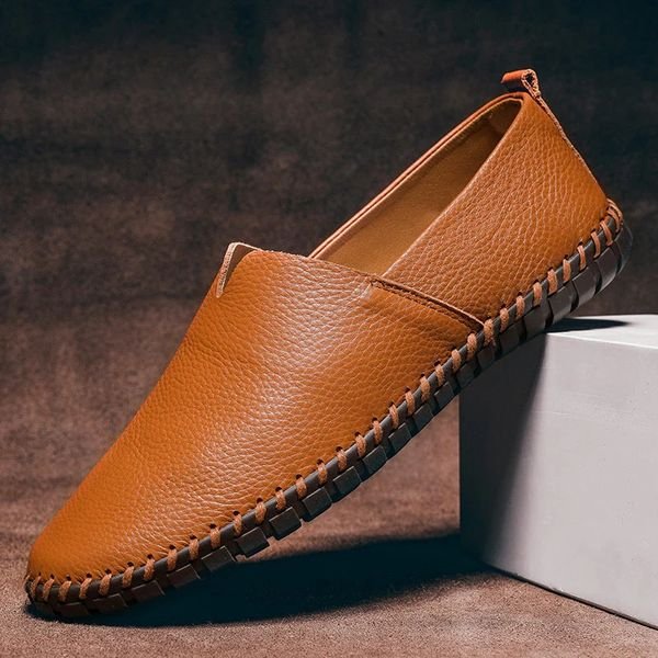 Loafers Men's Leather Slip-On Hand-Stitched Comfort - Caramel