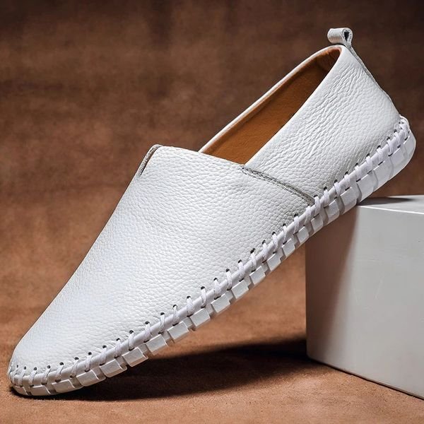Loafers Men's Leather Slip-On Hand-Stitched Comfort - White