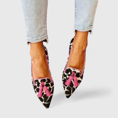Loafers Pointed Toe Leopard Print Tassel Slip-On Flats - Pink