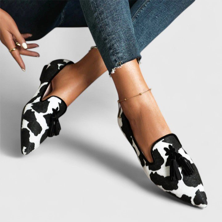 Loafers Women's Pointed Toe Tassel Slip-On Animal Print - Black