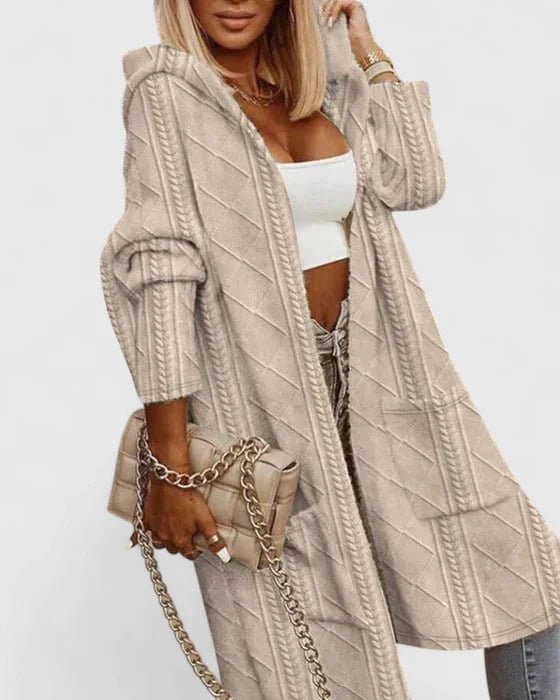 Long Hooded Cardigan Cable Knit Women's Open Front - Beige