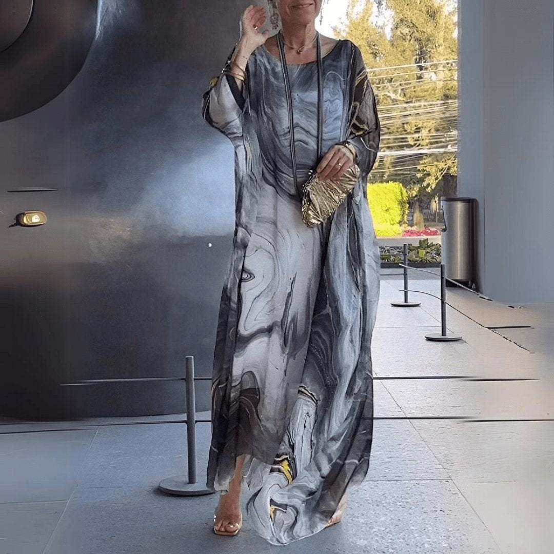 Maxi Caftan Dress Luxe Chiffon Flowing Batwing Sleeves - Gray