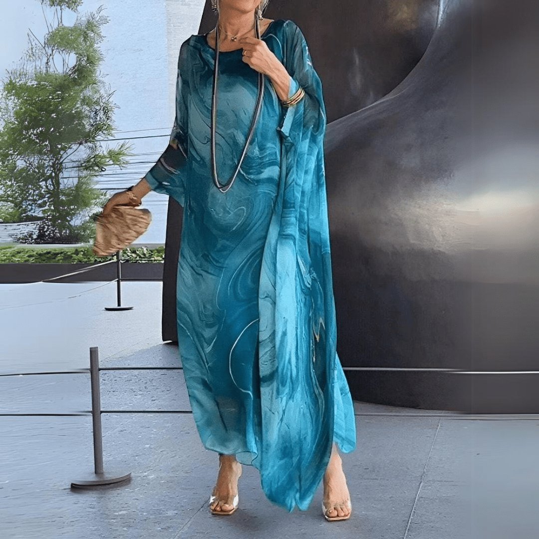 Maxi Caftan Dress Luxe Chiffon Flowing Batwing Sleeves - Blue