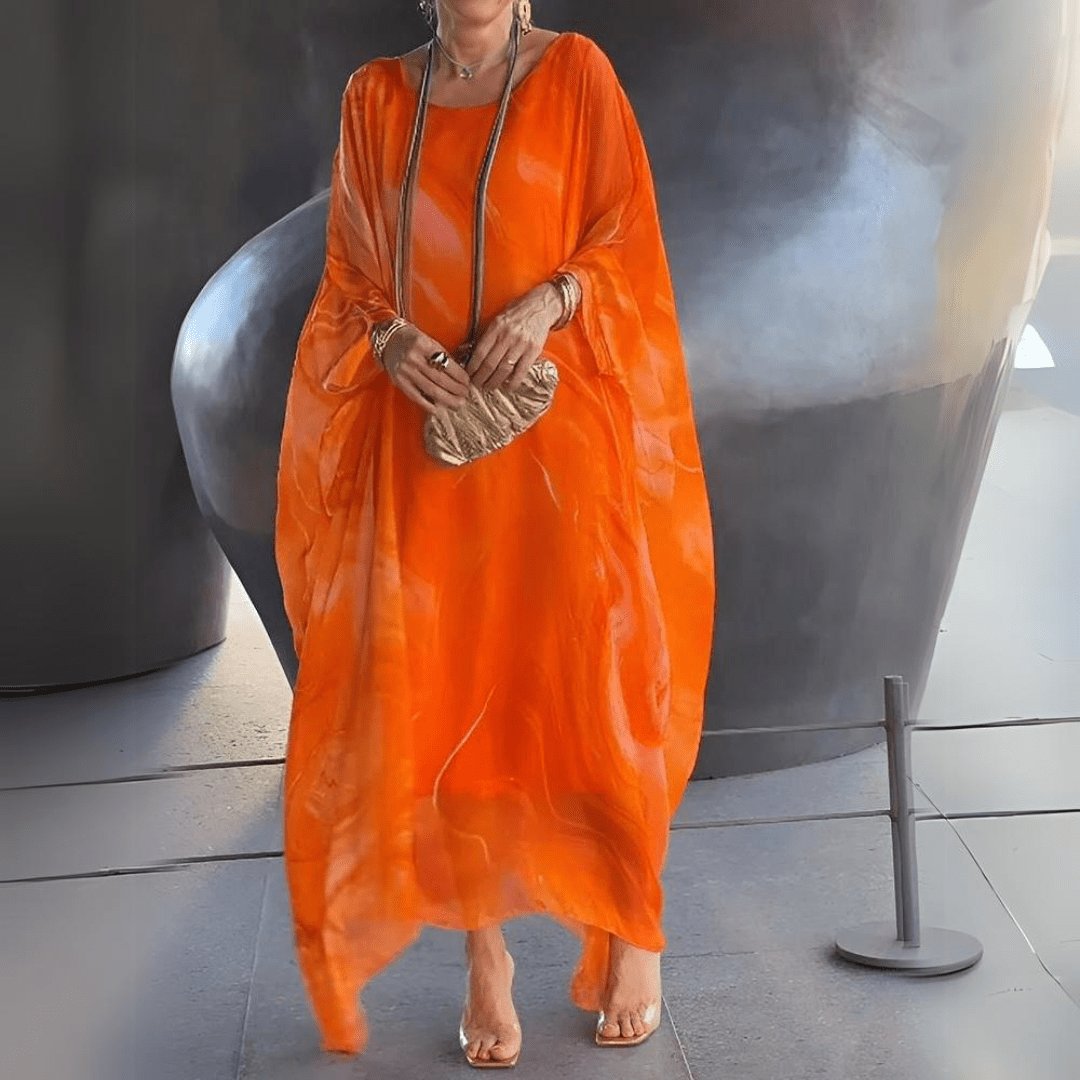 Maxi Caftan Dress Luxe Chiffon Flowing Batwing Sleeves - Orange