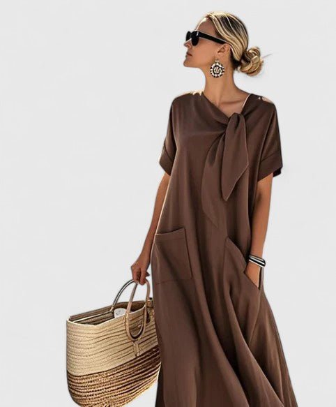Maxi Dress V-Neck Tie Detail Short Sleeve Pockets - Brown