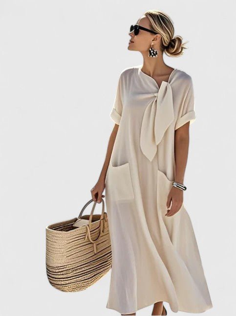 Maxi Dress V-Neck Tie Detail Short Sleeve Pockets - Beige
