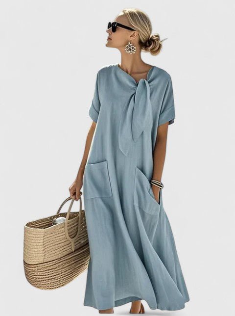 Maxi Dress V-Neck Tie Detail Short Sleeve Pockets - Blue