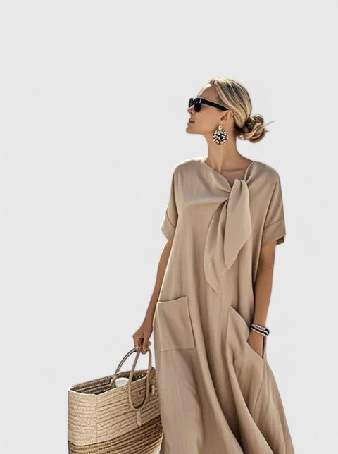 Maxi Dress V-Neck Tie Detail Short Sleeve Pockets - Khaki