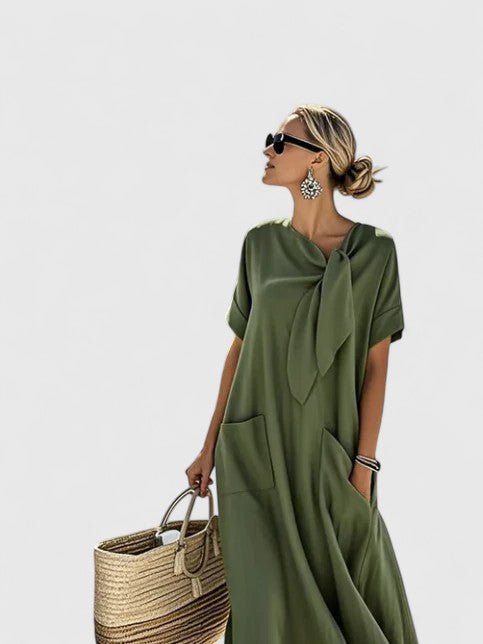Maxi Dress V-Neck Tie Detail Short Sleeve Pockets - Army Green