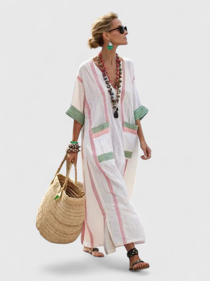Maxi Kaftan Dress V-Neck Striped Bohemian Relaxed Fit - Beige Green