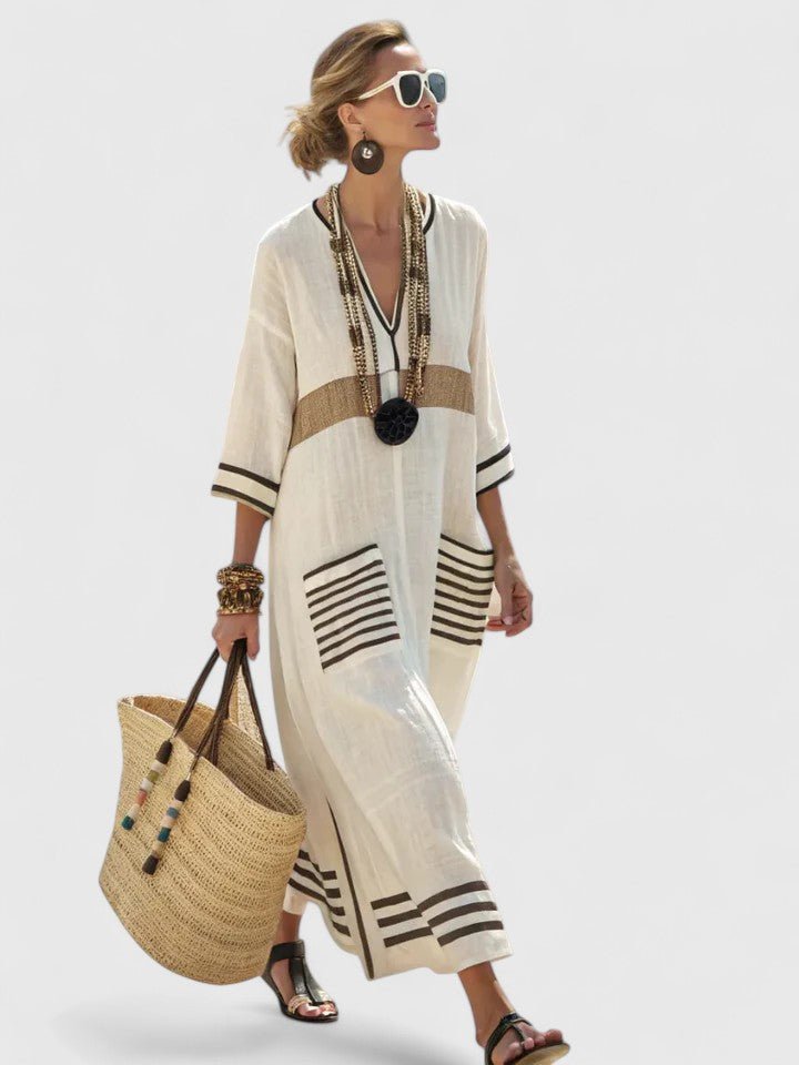 Maxi Kaftan Dress V-Neck Striped Bohemian Relaxed Fit