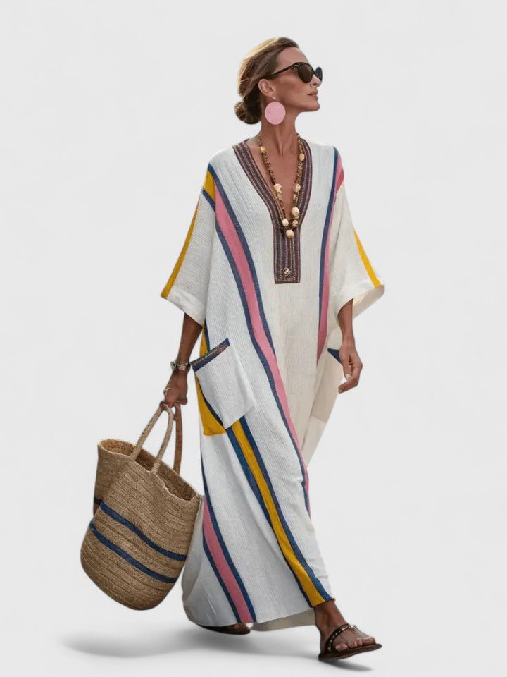 Maxi Kaftan Dress V-Neck Striped Bohemian Relaxed Fit - White Pink
