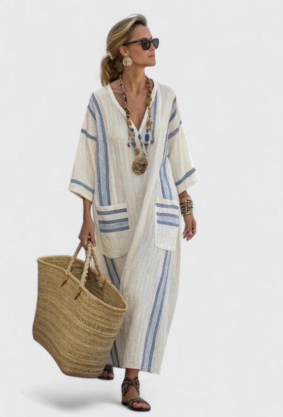 Maxi Kaftan Dress V-Neck Striped Bohemian Relaxed Fit - Beige Light Blue