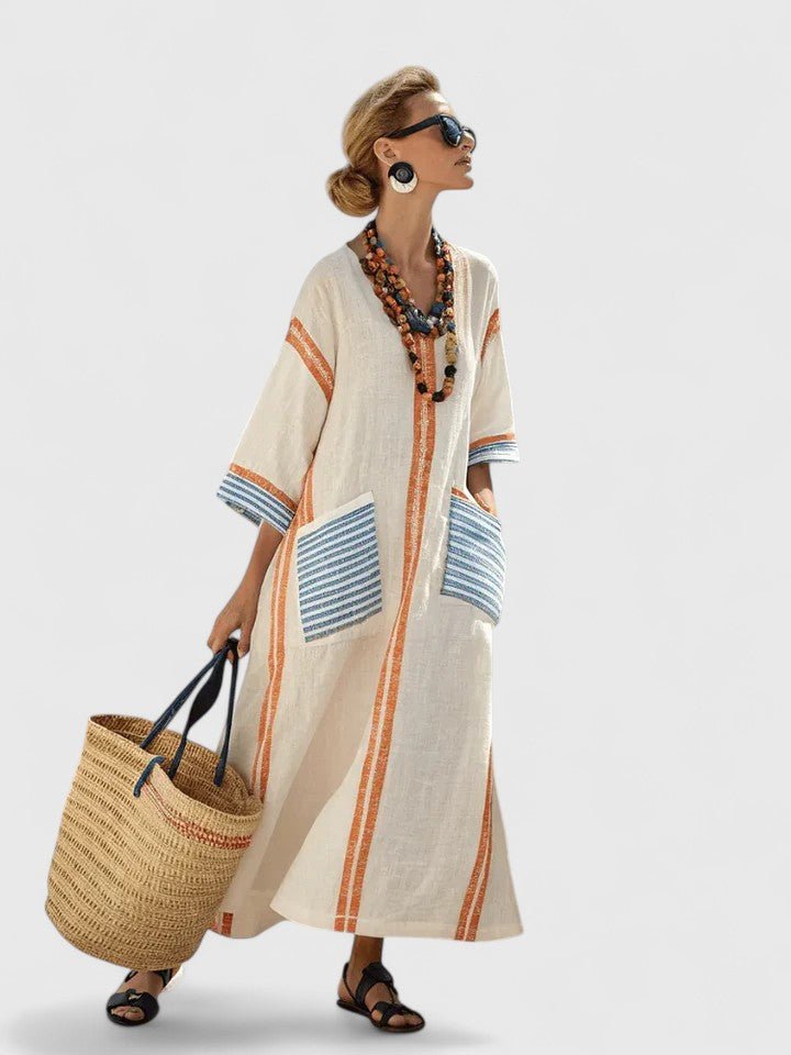 Maxi Kaftan Dress V-Neck Striped Bohemian Relaxed Fit