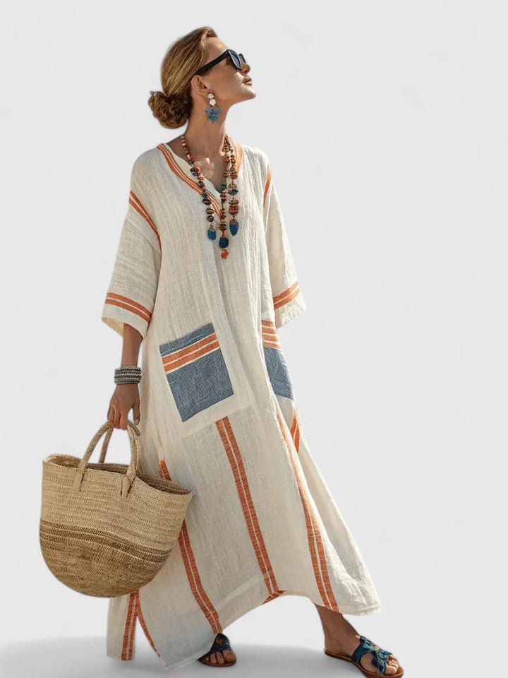 Maxi Kaftan Dress V-Neck Striped Bohemian Relaxed Fit - Beige Black