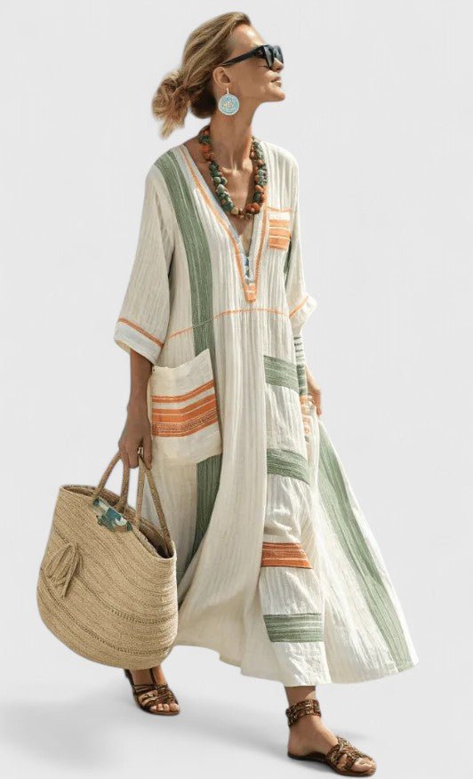 Maxi Kaftan Dress V-Neck Striped Bohemian Relaxed Fit
