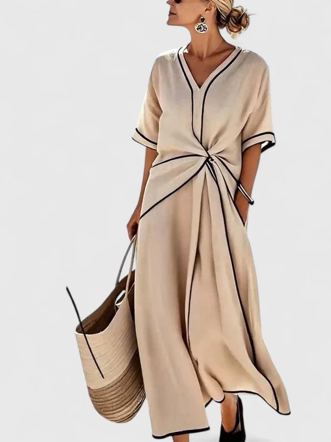 Maxi Wrap Dress V-Neck Twist Front Lightweight Summer - Beige