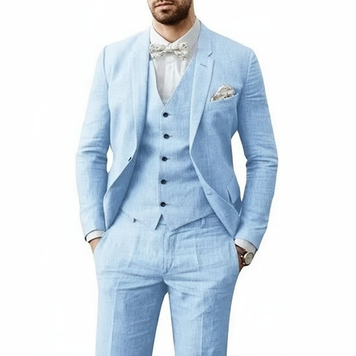 Men's 3-Piece Tailored-Fit Linen Wedding Guest Suit - Light Blue