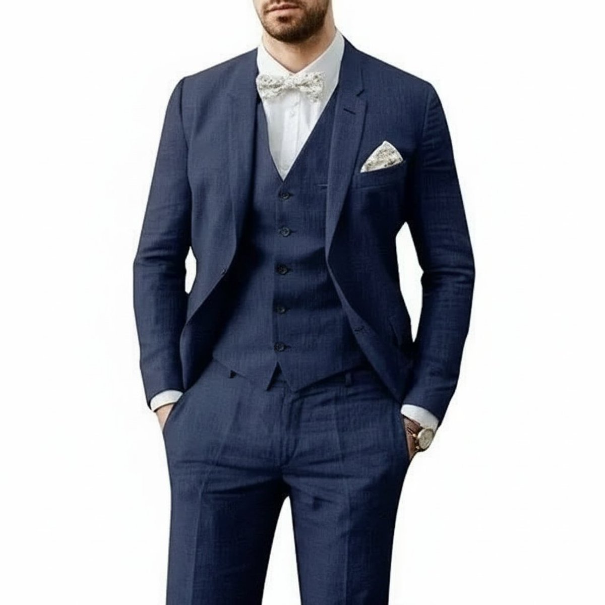 Men's 3-Piece Tailored-Fit Linen Wedding Guest Suit - Navy Blue