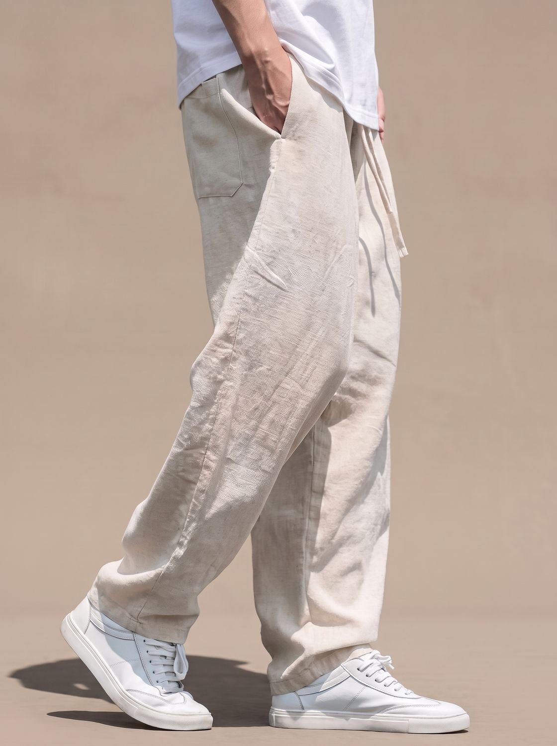 Men's Baggy Linen Drawstring Elastic-Waist Trousers