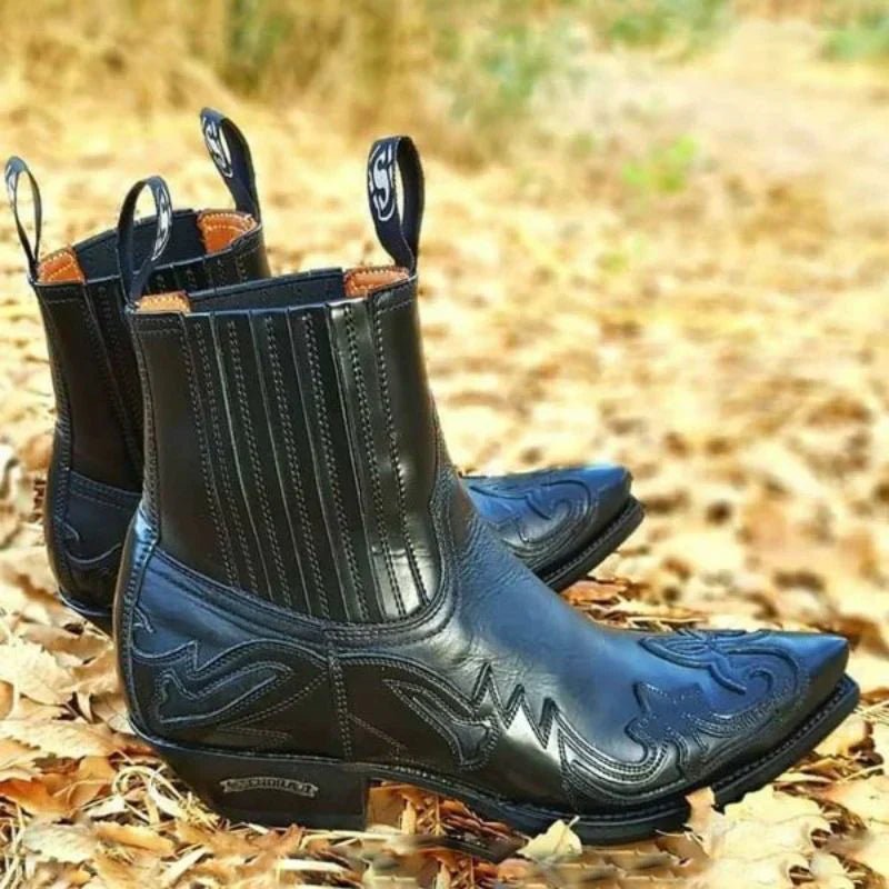 Men's Black Leather Western Cowboy Ankle Boots