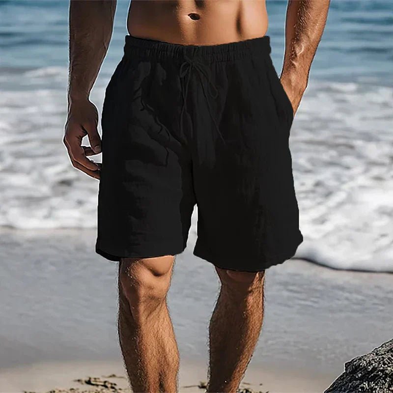 Men's Black Linen Quick-Dry Drawstring Swim Shorts - Black